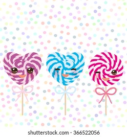 Kawaii colorful Set candy lollipops with bow, spiral candy cane. Candy on stick with twisted design with pink cheeks and winking eyes, pastel colors polka dot background. Vector