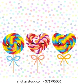Kawaii colorful Set candy lollipops with bow, spiral candy cane. Candy on stick with twisted design with pink cheeks and winking eyes, pastel colors polka dot background. Vector