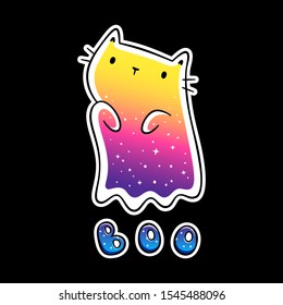 Kawaii colorful sparkling ghost kitty trying to spook you, boo lettering. Design for print  Hand drawn vector illustration. Isolated on black background.