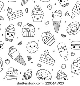 Kawaii Coloring Book, Vector Pattern Of Kawaii Dessert. Black And White Illustration