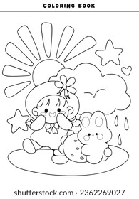 Kawaii coloring page anime cartoon character girl and animal cute outdoor for kids doodle