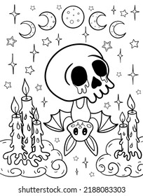 Página de coloreado de Kawaii. Ilustración en blanco y negro. Murciélago y cráneo. Libro de colorear para Halloween. Libro de Colores para niños y adultos. Espeluznante.