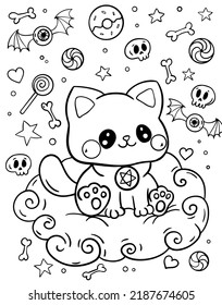 Kawaii Coloring Page. The Cat Is Sitting In The Clouds. Mystic. Black And White Illustration. Coloring Book For Adults