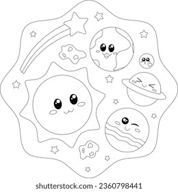 Kawaii coloring page cute galaxy space theme. Black and white vector illustration.