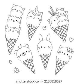 Kawaii coloring page with cute ice cream in waffle cone. Animal shaped different ice cream balls. Cartoon food dessert bakery product. Vector illustration for coloring book.