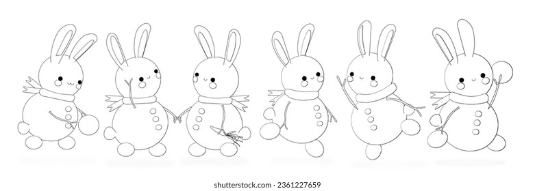 Kawaii  coloring page merry Christmas doodles, sketch coloring book for relaxing. Vector design. Bunny , animals, moon, cute, coloring book