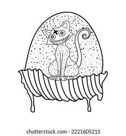 Kawaii coloring page. Mystic. The cat is sitting on the skull. Halloween. Black and white illustration.