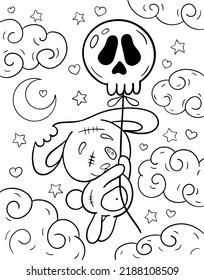 Kawaii coloring page. Rabbit flying. Black and white illustration. Coloring book for Halloween. Coloring book for children and adults. Spooky coloring page