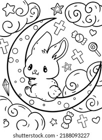 Kawaii coloring page. The rabbit is sitting in the moon. Mystic. Black and white illustration. Coloring pages for adults. Coloring book for adults.