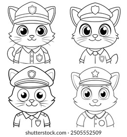 Dibujos para colorear de Kawaii gato con uniforme de policía Paquete de dibujos animados, Dibujos para colorear de animales para niños