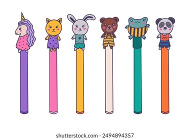 Kawaii plumas de garabato colorido con cabezas de animales de unicornio, rana, gato, conejo, oso, panda en la tapa. Bolígrafo de tinta para niños con contorno dibujado a mano para dibujar, escribir. Suministros escolares, papelería