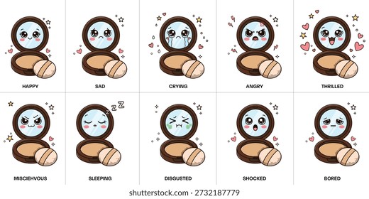 Kawaii compact powder emotion faces set cute cosmetic doodle character collection vector illustration