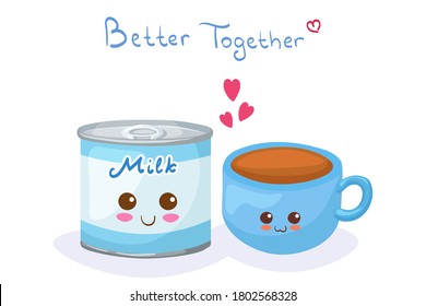 Kawaii Condensed Milk & Cup of Tea vector characters isolated on white background. Funny smiling sweet drink. Cute food mascot illustration with lettering. Cafe menu, greeting card decoration concept.