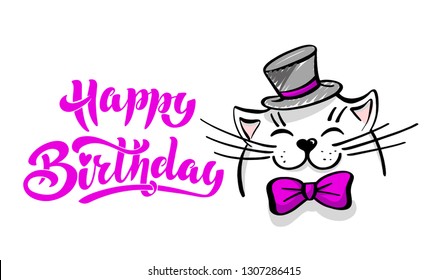 Kawaii, a contented white cat with a hat and bow tie. lettering happy birthday. Hand drawn vector illustration. Cartoon style