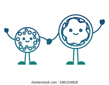 kawaii cookie and waffle chocolate holds hands cartoon