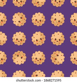 Kawaii cookies with chocolate chips seamless pattern. Cute vector illustration. Funny smiling and happy food characters isolated on purple background. Use for cafe decorations, menu, wrapping paper.