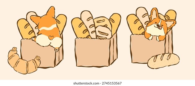 Kawaii corgi in bread loaf paper bag set whimsical hand drawn cartoon doodle, banner, t shirt or sticker printable