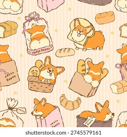 Kawaii Corgi Butt Sploot Bread Loaf Seamless Pattern whimsical hand drawn doodle splooting corgis shaped like fresh bread loaves perfect for quirky kitchen textiles and pet themed fabric.