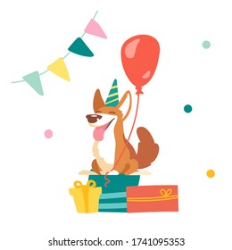 Kawaii Corgi Dog Celebrate Birthday in Room Decorated with Flag Garland and Confetti. Cute Funny Pet Character in Festive Hat Sitting on Wrapped Presents with Balloon. Cartoon Vector Illustration