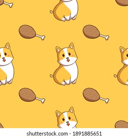 kawaii corgi dog with chicken drumstick in seamless pattern 