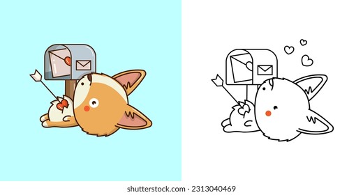 Kawaii Corgi Dog Clipart Multicolored and Black and White. Cute Kawaii Puppy. Vector Illustration of a Kawaii Animal for Stickers, Prints for Clothes, Baby Shower, Coloring Pages.
