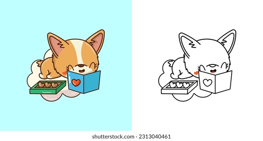 Kawaii Corgi Dog Illustration and For Coloring Page. Funny Kawaii Puppy. Vector Illustration of a Kawaii Animal for Stickers, Baby Shower, Coloring Pages, Prints for Clothes.
