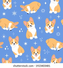 Kawaii corgi, little cute pet dog with smiling cute face sleeping, lying and sitting. Seamless pattern on blue background with magic stars. Hand drawn trendy modern illustration in flat cartoon style