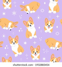 Kawaii corgi, little cute pet dog with smiling cute face sleeping, lying and sitting. Seamless pattern on purple background with magic star. Hand drawn trendy modern illustration in flat cartoon style