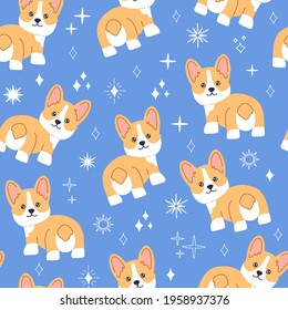 Kawaii corgi, little cute pet dog with smiling face and cute butt. Doggy seamless pattern on blue background with magic stars decoration. Hand drawn trendy modern illustration in flat cartoon style