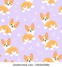 Kawaii corgi, little cute pet dog with smiling face and cute butt. Doggy seamless pattern on purple background with magic stars decoration. Hand drawn trendy modern illustration in flat cartoon style