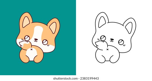 Kawaii Corgi Puppy for Coloring Page and Illustration. Adorable Clip Art Dog. Cute Vector Illustration of a Kawaii Animal for Stickers, Prints for Clothes, Baby Shower. 