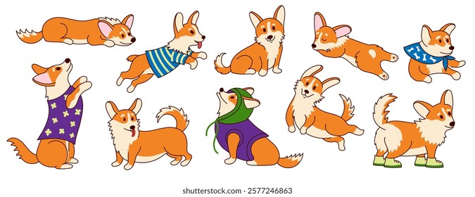 Kawaii corgi puppy. Cute kawaiiness cartoon funny characters with cutie emotions and kawaiify poses, charming pembroke corgi dog mascots. Vector adorable set.