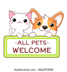 Kawaii corgi puppy and kitty with pet friendly vector label. Stamp or sticker with pet friendly text. Vet clinic, shop label, sticker. Inscription All Pets Welcome. Vector EPS8