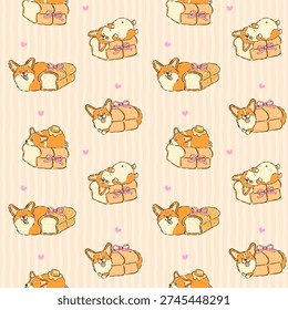 Kawaii Corgi Sploot Bread Loaf Seamless Pattern whimsical hand drawn doodle splooting corgis shaped like fresh bread loaves perfect for quirky kitchen textiles and pet themed fabric.