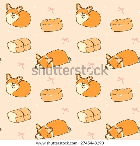 Kawaii Corgi Sploot Bread Loaf Seamless Pattern whimsical hand drawn doodle splooting corgis shaped like fresh bread loaves perfect for quirky kitchen textiles and pet themed fabric.