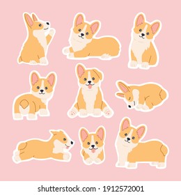 Kawaii corgi stickers set, happy little fun dog pets with smiling cute face, sitting and standing in different poses. Big puppy collection. Hand drawn trendy modern illustration in flat cartoon style