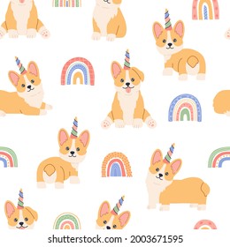 Kawaii corgi unicorn with colourful horn, rainbow at back, little magic pet dog with cute face. Doggy seamless pattern on white background. Hand drawn trendy modern illustration in flat cartoon style