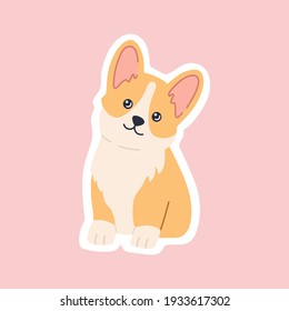 Kawaii corgi welsh sticker, happy little dog pet with smiling cute face. Adorable friendly puppy character. Hand drawn trendy modern illustration in flat cartoon style, isolated on pink background.