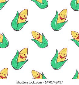 Kawaii Corn Seamless Pattern on White Background