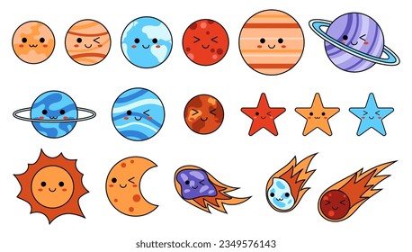 Kawaii cosmic elements isolated on a white background. Cute planets, asteroids, comet, stars, sun and moon. Vector illustration for children.