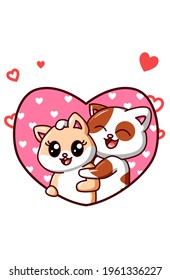 Kawaii couple cats fall in love in valentine cartoon illustration