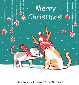 Kawaii couple cats happy time together, merry christmas new year cartoon vector