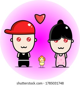 Kawaii Couple With A Dog Vector Character Illustration 
