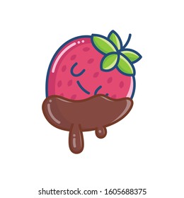 kawaii covered chocolate strawberry icon isolated on white