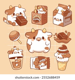 Kawaii vaca e chocolate leite produto leite doce, sobremesa de leite adesivo bonito