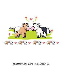 kawaii cow love cartoon vector illustration motif set. Hand drawn isolated cute farm animal valentines elements clipart for nature blog, dairy holstein graphic, agriculture web buttons.