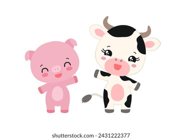 Kawaii cow and pig cute pets chibi animals. Anime asian cartoon style domestic farm animal characters. Adorable calf and piglet smiling waving. Little baby cow and piggy children vector illustration.