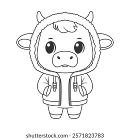 Kawaii cow wearing a jacket for coloring