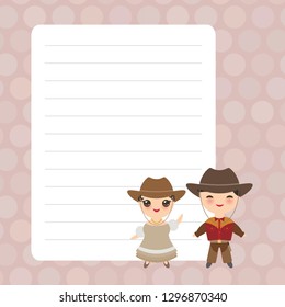 Kawaii Cowboy boy and girl in national costume and hat. Cartoon children Card design with brown pastel colors polka dot lined page notebook, template, blank, planner background. Vector