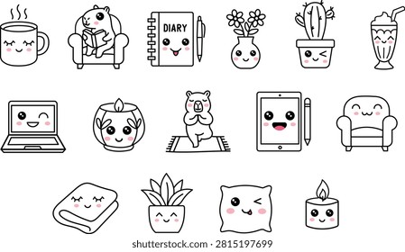 Kawaii Cozy Graphics Set: Home Comforts, Diary, Laptop, and Capybara
